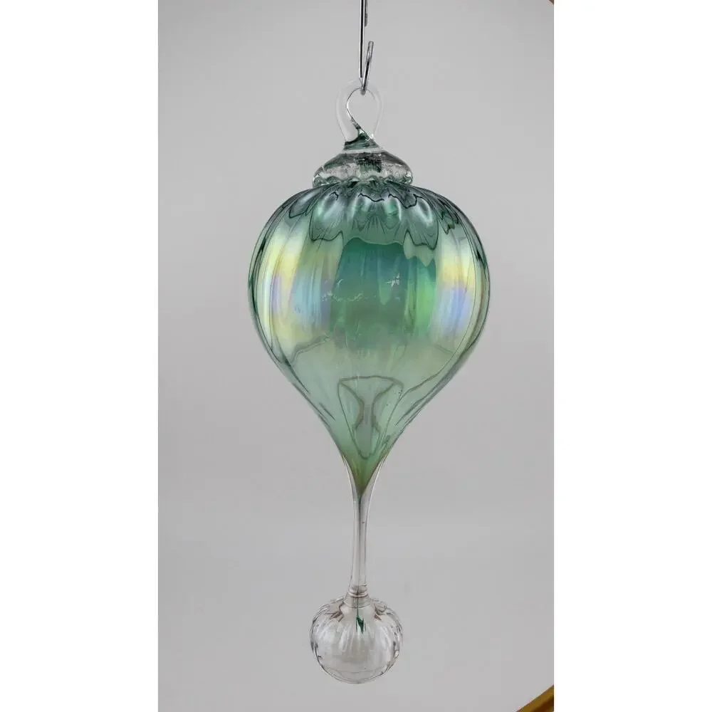 Iridescent Hand Blown Green Glass Finial Teardrop Ornament 5.5